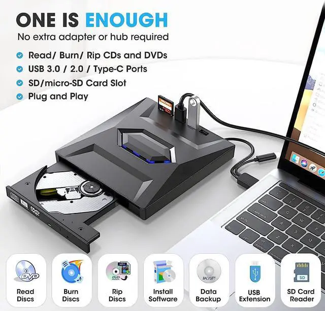 Alt view image 2 of 6 - External CD DVD +/-RW Drive with SD Card Reader and USB 3.0+2.0+Type-C Input Ports, CD/DVD Burner Player Reader Writer Optical Disk Drive for Laptop PC Windows 11/10/8/7, Linux
