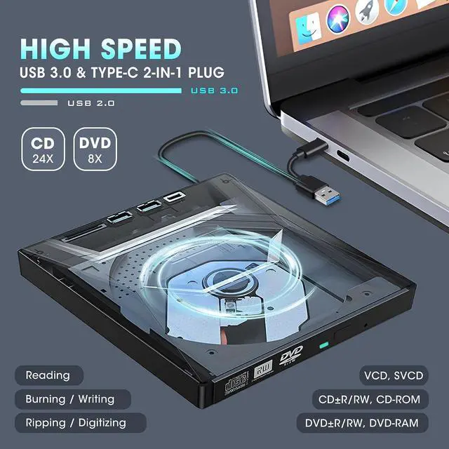 Alt view image 4 of 6 - External CD DVD +/-RW Drive with SD Card Reader and USB 3.0+2.0+Type-C Input Ports, CD/DVD Burner Player Reader Writer Optical Disk Drive for Laptop PC Windows 11/10/8/7, Linux