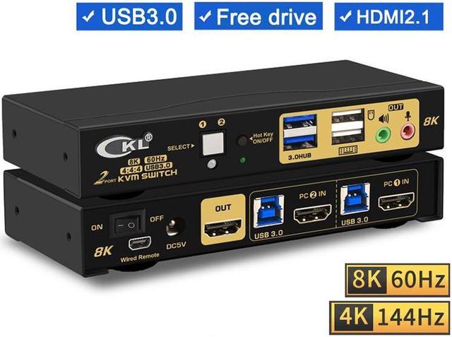 CKL 2 Port USB 3.0 KVM Switch HDMI 2.1 8K 60Hz 4K 120Hz 144Hz for 2  Computers 1 Monitor, PC Screen Keyboard Mouse Peripheral Audio Sharing  Selector Box with All Cables 