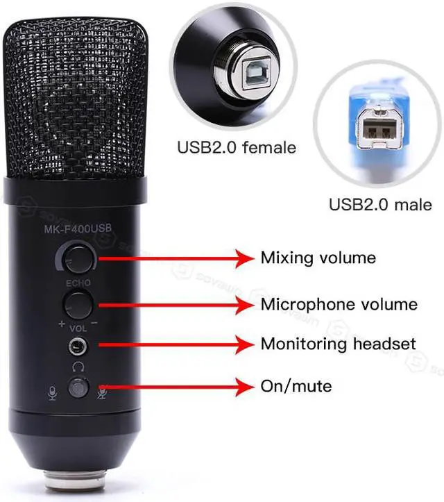 Alt view image 2 of 7 - SOVAWIN Multi-function USB Condenser Microphone Studio Professionnel Cardioid Microphone Karaoke Monitor Reverb with Tripod for Computer