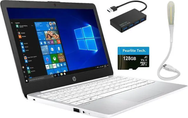 Main image of HP Stream 11.6" HD Laptop, Intel Celeron N4000, 4GB RAM 64GB eMMC, Intel UHD Graphics 600, Windows10 S, Diamond White, Bundle with Pearlite Tech 128GB Micro SD Card & 4 Port USB Hub & LED Light