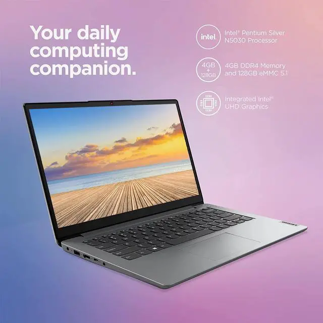 Alt view image 2 of 6 - Lenovo Ideapad 1i 14" HD Laptop Computer for Home Office, Quad Core Intel Pentium Silver N5030, 4GB RAM, 128GB eMMC, Wi-Fi, Bluetooth 5, Webcam, Windows 11 Home in S Mode, Bundle with Battery