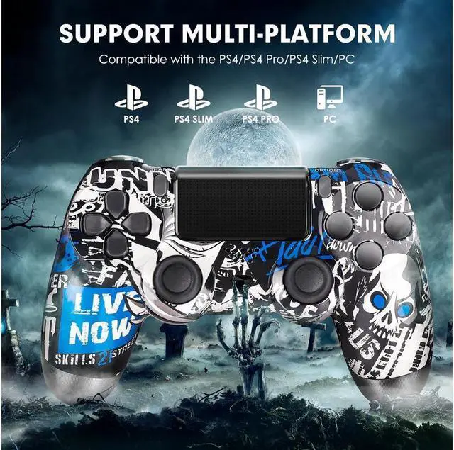Alt view image 2 of 7 - Wireless Controller for PS4 Remote, Bluetooth Gamepad Six-Axis Motion Gaming Control Touch Pad for Playstation 4/Slim/Pro/PC, Dual Vibration Shock, Stereo Headset Jack, Speaker, Blue Skull