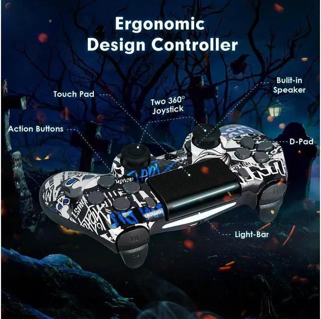 Alt view image 7 of 7 - Wireless Controller for PS4 Remote, Bluetooth Gamepad Six-Axis Motion Gaming Control Touch Pad for Playstation 4/Slim/Pro/PC, Dual Vibration Shock, Stereo Headset Jack, Speaker, Blue Skull