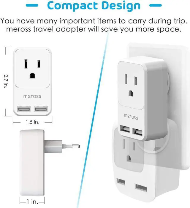 Alt view image 4 of 7 - [2 Pack] Travel Plug Adapter, Meross International Power Plug with 2 USB, USA to Most Europe Outlet Adapter, Lightweight, Compact Size, Power Adapter for EU Type C Country - 2 Pack