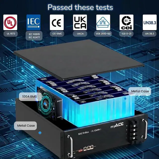 Alt view image 7 of 7 - 48V 100Ah LiFePO4 Lithium Battery, UL1973 IEC62477 IEC62619 CE-EMC VDE2510-50 CEI0-21 UKCA UN38.3 Listed, 5120Wh, Built-in 100A BMS, 8-DIP, Perfect for Solar Energy Storage, Home Backup Power Off-Grid