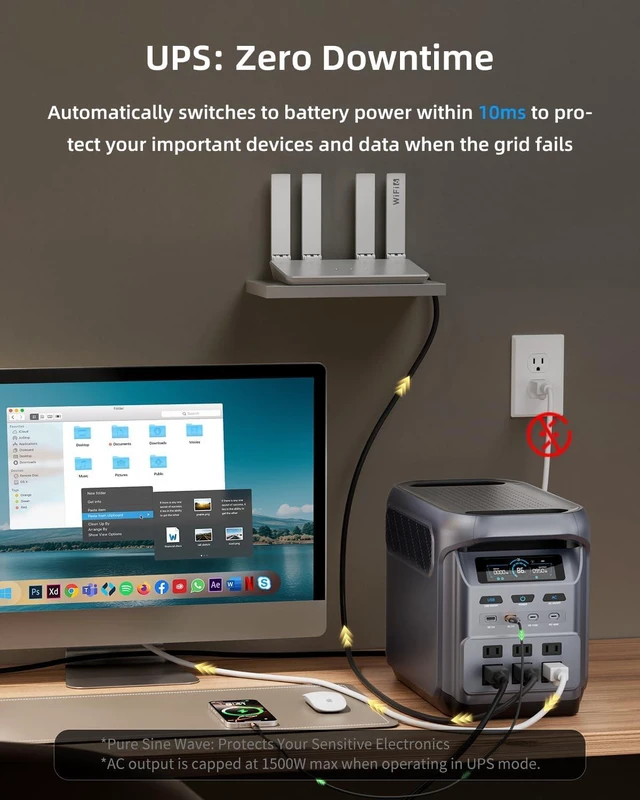 Alt view image 4 of 7 - 1024Wh 1800W Portable Power Station, LiFePO4 Solar Generator for Camping, RV, CPAP & Outages