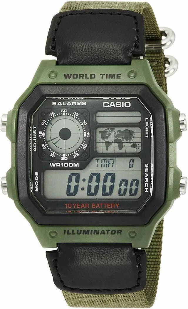 Alt view image 3 of 10 - Casio AE-1200WHB-3BV Men's Multi Function Green Band Digital Watch w/ World Time