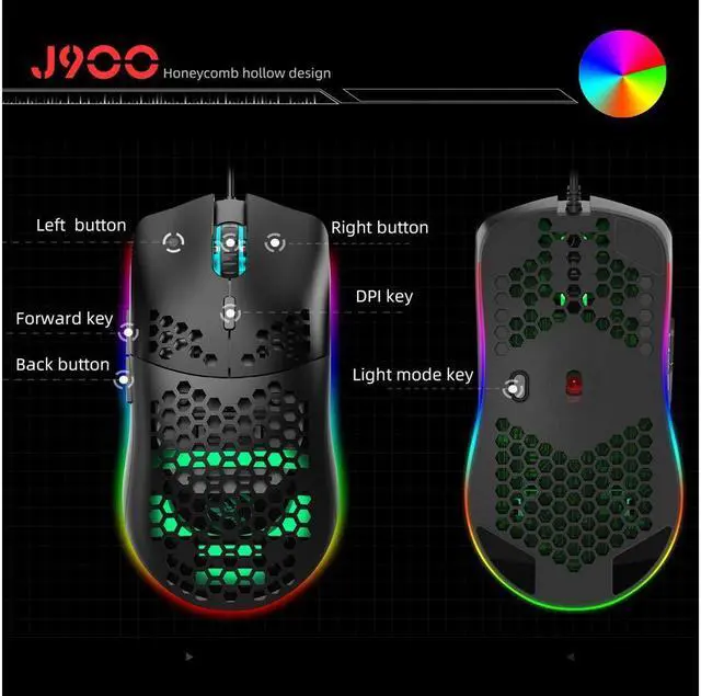 Alt view image 3 of 7 - Programmable RGB Gaming Mouse, 6 DPI (1000/1600/2400/3200/4800/6400) 96g Ultra Lightweight Honeycomb Optical LED Wired Mouse with Programmable 6 Keys RGB Marquee Effect Light