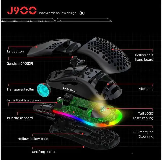 Alt view image 4 of 7 - Programmable RGB Gaming Mouse, 6 DPI (1000/1600/2400/3200/4800/6400) 96g Ultra Lightweight Honeycomb Optical LED Wired Mouse with Programmable 6 Keys RGB Marquee Effect Light