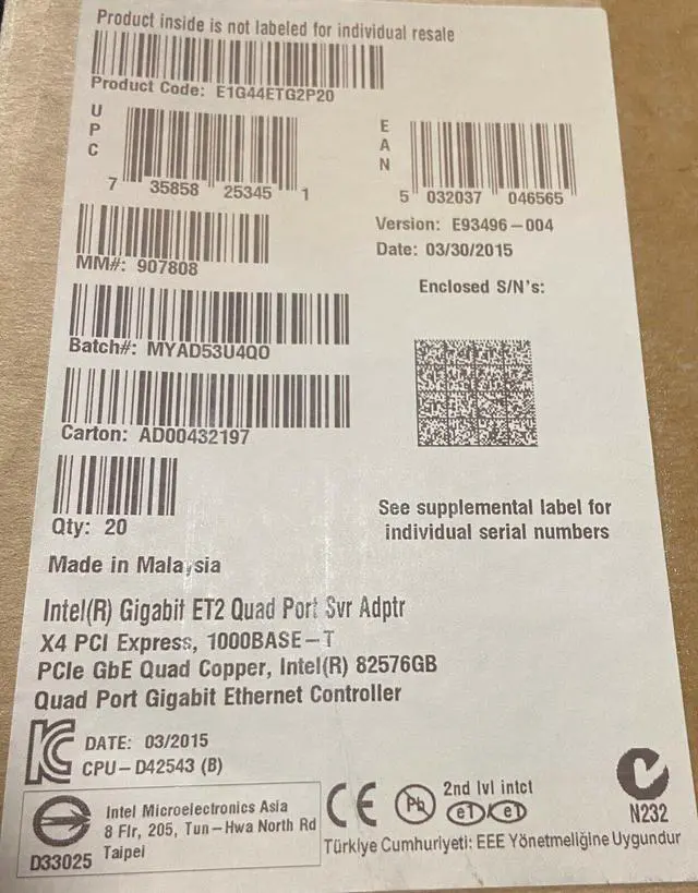Main image of Intel E1G44ETG2P20 Gigabit ET2 Quad Port Server Adapter NEW BROWN BOX