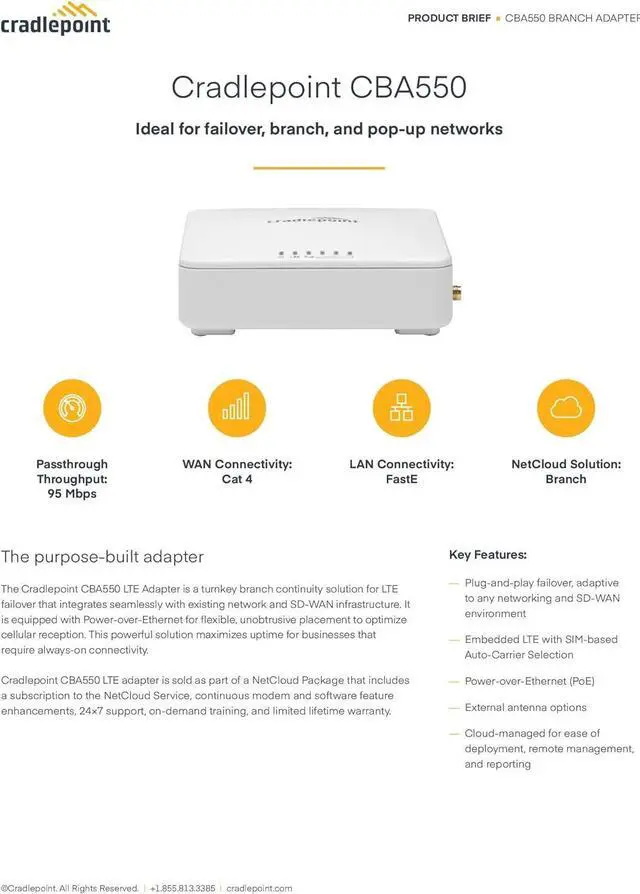 Alt view image 2 of 3 - Cradlepoint CBA550 Adapter (150M-D Modem) with 1-yr NetCloud Essentials for Branch LTE Adapters (Standard) with Support