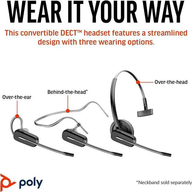 Alt view image 2 of 3 - Poly CS540 Wireless DECT Headset (Plantronics)  Single Ear (Mono) Convertible (3 wearing styles)  Connects to Desk Phone  Noise Canceling Microphone