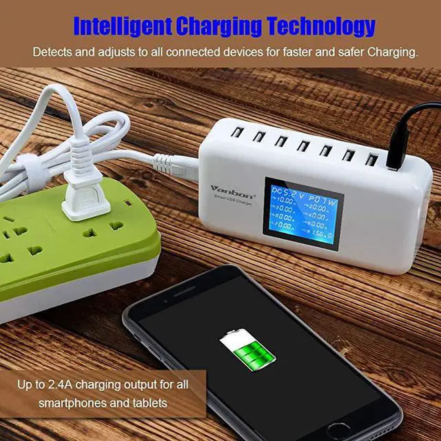 Alt view image 2 of 7 - USB Charger 60W12A 8Port Desktop Charger Charging Station Multi Port Travel Fast Wall Charger Hub with LCD for Smart Phones Tablet and More White