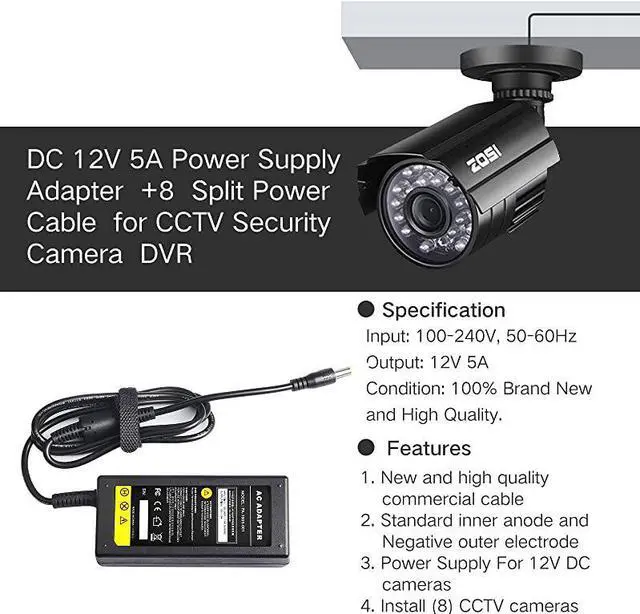 Alt view image 2 of 6 - 12V 5A Power Supply Adapter with 8 Splitter Power Cable for Security Camera CCTV DVR Surveillance System