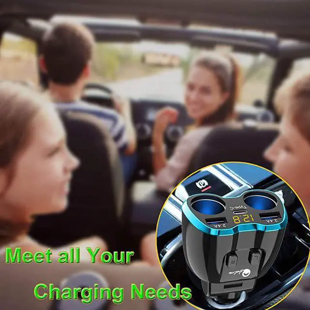 Alt view image 7 of 7 - C Car Charger Cigarette Lighter Splitter Adapter 2 Socket Type C Multi Power Outlet 12V24V 80W DC with LED Voltmeter Switch 58A Dual Port for Mobile Cell Phone GPS Dash Cam