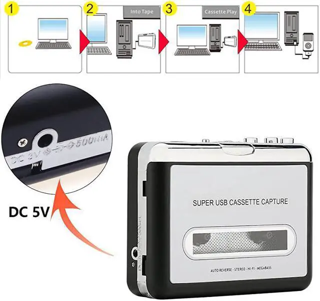 Alt view image 4 of 7 - Cassette Player Portable Tape Player Captures MP3 Audio Music via USB Compatible with Laptops and Personal Computers Convert Walkman Tape Cassettes to iPod Format Silver