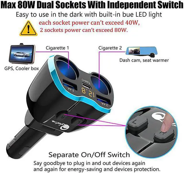 Alt view image 2 of 7 - C Car Charger Cigarette Lighter Splitter Adapter 2 Socket Type C Multi Power Outlet 12V24V 80W DC with LED Voltmeter Switch 58A Dual Port for Mobile Cell Phone GPS Dash Cam