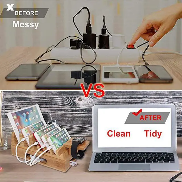 Alt view image 6 of 7 - Hulin Bamboo Charging Station Holder with 5 Port USB Charger Watch Stand 5 x Charge Cable Wood Docking Stand Electronic Organizer for Multiple Devices Phones Tablets Laptop and More