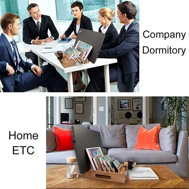 Alt view image 7 of 7 - Hulin Bamboo Charging Station Holder with 5 Port USB Charger Watch Stand 5 x Charge Cable Wood Docking Stand Electronic Organizer for Multiple Devices Phones Tablets Laptop and More