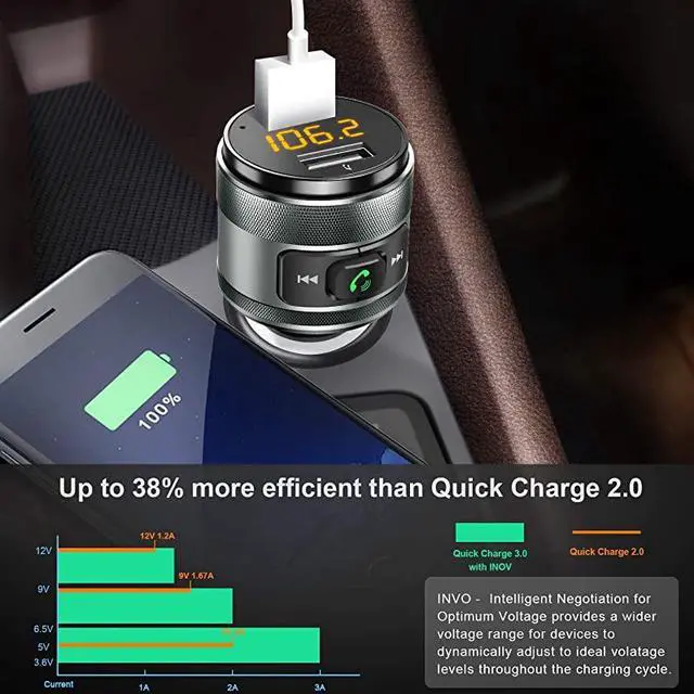 Alt view image 6 of 7 - Bluetooth FM Transmitter for Car QC30 Wireless Bluetooth FM Radio Adapter Music Player FM Transmitter Car Kit with Handsfree Calling and 2 USB Ports Charger Support USB Drive