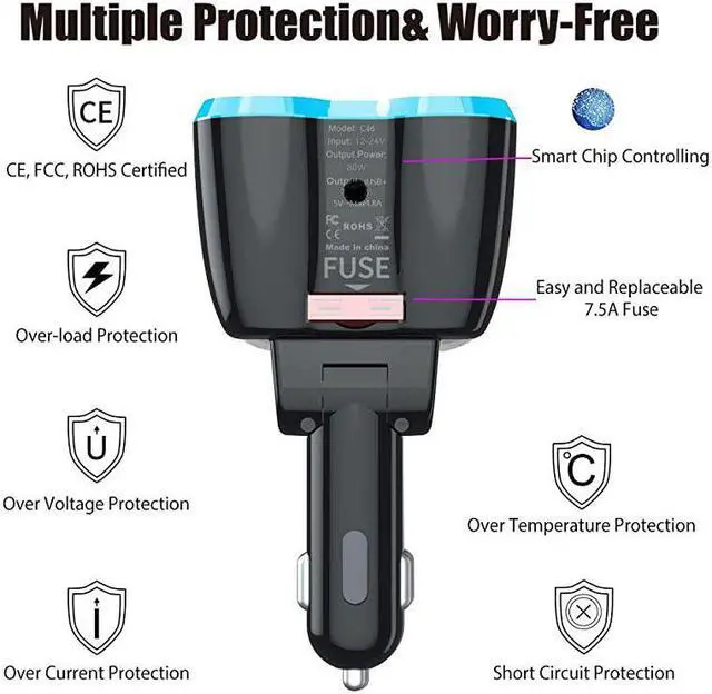 Alt view image 5 of 7 - C Car Charger Cigarette Lighter Splitter Adapter 2 Socket Type C Multi Power Outlet 12V24V 80W DC with LED Voltmeter Switch 58A Dual Port for Mobile Cell Phone GPS Dash Cam