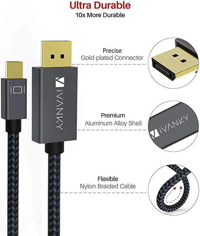 Alt view image 3 of 7 - Mini DisplayPort to DisplayPort(Mini DP to DP) Cable, 6.6 Feet,4K@60Hz / 2K@144Hz,  DisplayPort to Mini DisplayPort(Thunderbolt Compatible) Cable - Grey