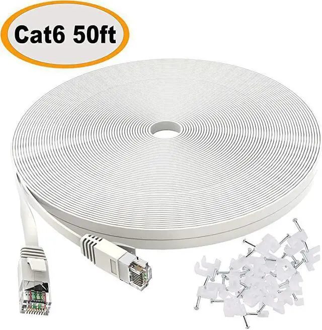 Main image of 6 Ethernet Cable 50 ft White Flat Internet Network Lan patch cords Solid 6 High Speed Computer wire With clips Snagless Rj45 Connectors for Router modem faster than 5e5 50 feet