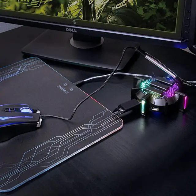 Alt view image 2 of 6 - Pro Gaming Mouse Bungee Cable Holder with 4 Port USB Hub 7 LED Color Modes with RGB Lighting Wire amp Cord Management Support for Improved Accuracy Stabilized Design for Esports