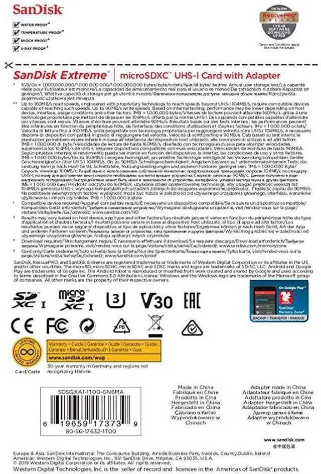 Alt view image 6 of 6 - 1TB Extreme microSDXC UHS-I Memory Card with Adapter - Up to 160MB/s, C10, U3, V30, 4K, A2, Micro SD - SDSQXA1-1T00-GN6MA