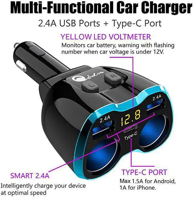 Alt view image 3 of 7 - C Car Charger Cigarette Lighter Splitter Adapter 2 Socket Type C Multi Power Outlet 12V24V 80W DC with LED Voltmeter Switch 58A Dual Port for Mobile Cell Phone GPS Dash Cam