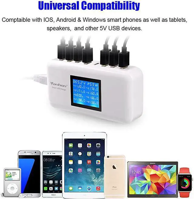 Alt view image 5 of 7 - USB Charger 60W12A 8Port Desktop Charger Charging Station Multi Port Travel Fast Wall Charger Hub with LCD for Smart Phones Tablet and More White