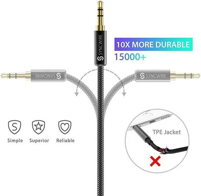 Alt view image 2 of 7 - 35mm Nylon Braided Aux Cable 33ft1mHiFi Sound Audio Auxiliary Input Adapter Male to Male AUX Cord for Headphones Car Home Stereos Speaker iPhone iPad iPod Echo amp More Black