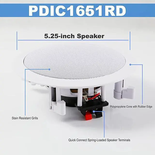 Alt view image 4 of 5 - Pair 525 Flush Mount inWall inCeiling 2Way Home Speaker System Spring Loaded Quick Connections Dual Polyprone Cone Polymer Tweeter Stereo Sound 150 Watts PDIC1651RD