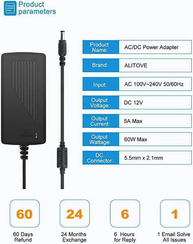 Alt view image 2 of 7 - DC 12V 5A Power Supply Adapter Converter Transformer AC 100240V input with 55x21mm DC Output Jack for 5050 3528 LED Strip Module Light