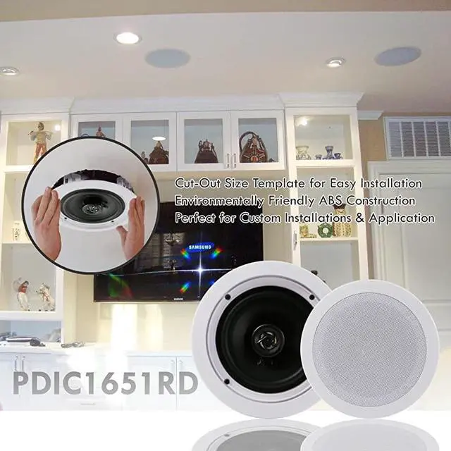 Alt view image 5 of 5 - Pair 525 Flush Mount inWall inCeiling 2Way Home Speaker System Spring Loaded Quick Connections Dual Polyprone Cone Polymer Tweeter Stereo Sound 150 Watts PDIC1651RD