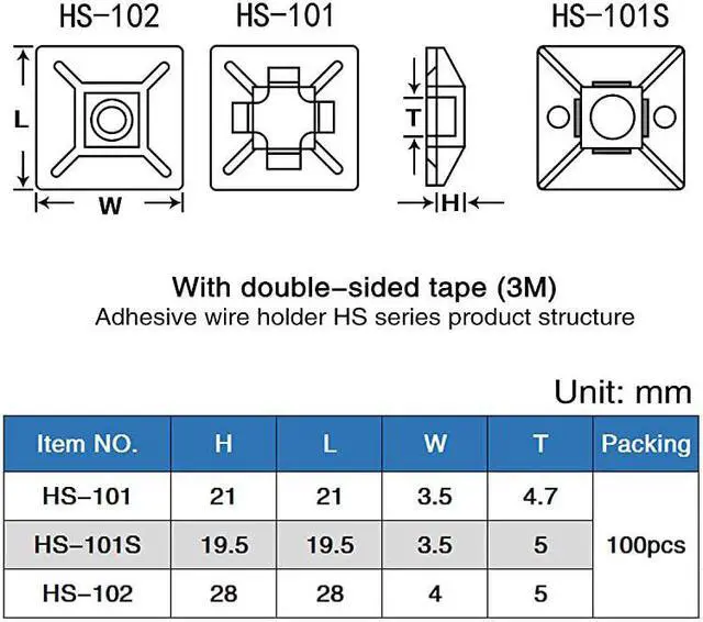 Alt view image 6 of 6 - 100 PCS Cable Zip Tie Mounts Self Adhesive Wire Cable Clips Organizer Holders Black 11 inch 28mm x 28mm HS102
