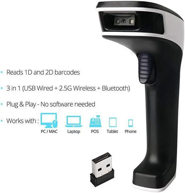 Alt view image 4 of 7 - Portable Wireless Bluetooth Barcode Scanner 3in1 Hand Scanners Cordless Rechargeable 1D and 2D Scan Gun for Inventory Management Wireless Handheld USB Bar CodeQR Code Reader