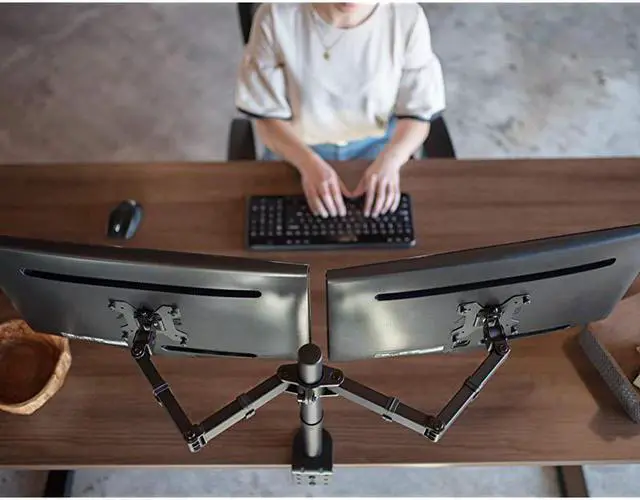 Alt view image 6 of 7 - Dual Monitor Stand Up Desk Mount Extra Tall 39 inch Pole Fully Adjustable Stand for up to 27 inch Screens STANDV012