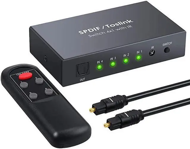 Main image of Digital Toslink Optical 4x1 Switch with 3ft Optical Cable and IR Remote Control Aluminum Alloy Digital Audio SPDIF Toslink Optical Fiber Switcher 4 in 1 Out for PS3 Xbox BlueRay DVD HDTV