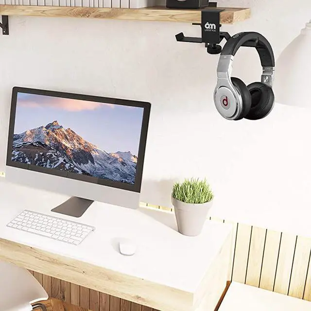 Alt view image 6 of 7 - Under Desk Dual Headphone Hanger  Metal Headset Stand Gaming Earphone Holder Universal Clamp on Desk Hanger Hook for All Headsets Black Patent