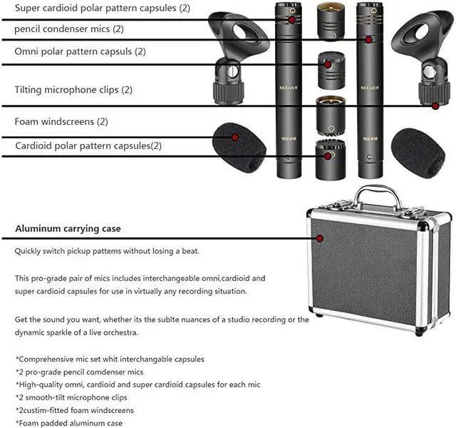 Alt view image 5 of 7 - 2Pack Pencil Stick Condenser Microphone with Interchangeable Omni Cardioid and Super Cardioid Capsules Foam Windscreens Mic Clip and Portable Carrying Case for Acoustic Woodwind Instruments