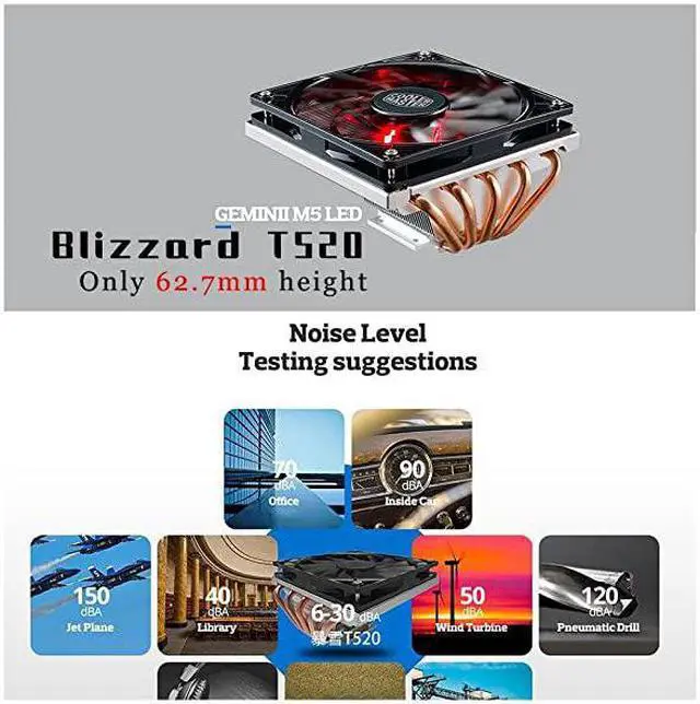 Alt view image 4 of 7 - Master GeminII M5 LED 2U Low Profile CPU with 5 Direct Contact Heatpipes XtraFlo 120 Slim Fire Red LED PWM Cooling Fan for Intel AMD RRT52016PK GeminII M5