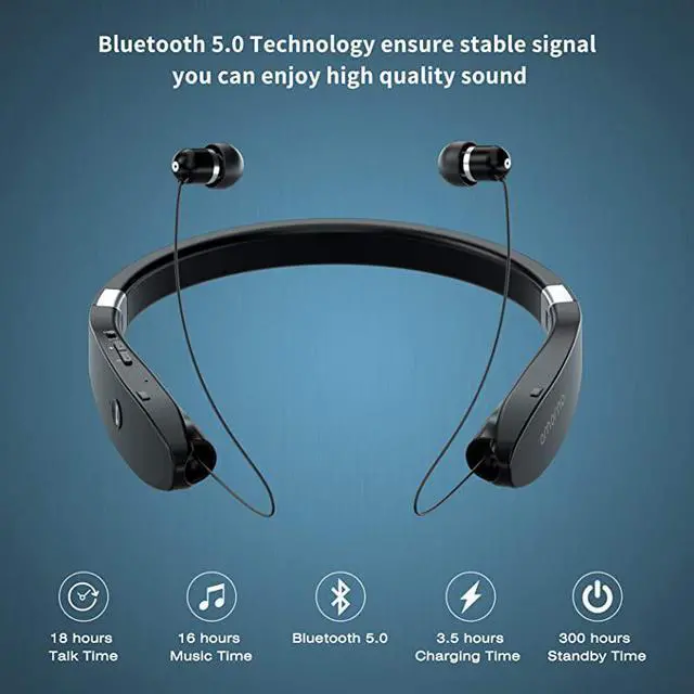 Alt view image 3 of 7 - Foldable Bluetooth Headphones Wireless Neckband Headset with Retractable Earbuds Sports Sweatproof Noise Cancelling Stereo Earphones with Mic Black