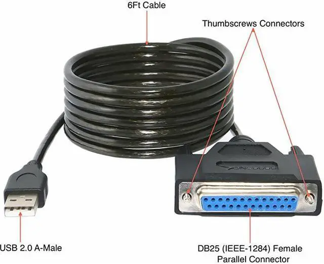 Alt view image 2 of 6 - USB 20 to DB25 IEEE1284 Parallel Printer Cable Adapter THUMBSCREWS Connectors CBDB25