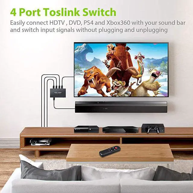 Alt view image 3 of 7 - Digital Toslink Optical 4x1 Switch with 3ft Optical Cable and IR Remote Control Aluminum Alloy Digital Audio SPDIF Toslink Optical Fiber Switcher 4 in 1 Out for PS3 Xbox BlueRay DVD HDTV