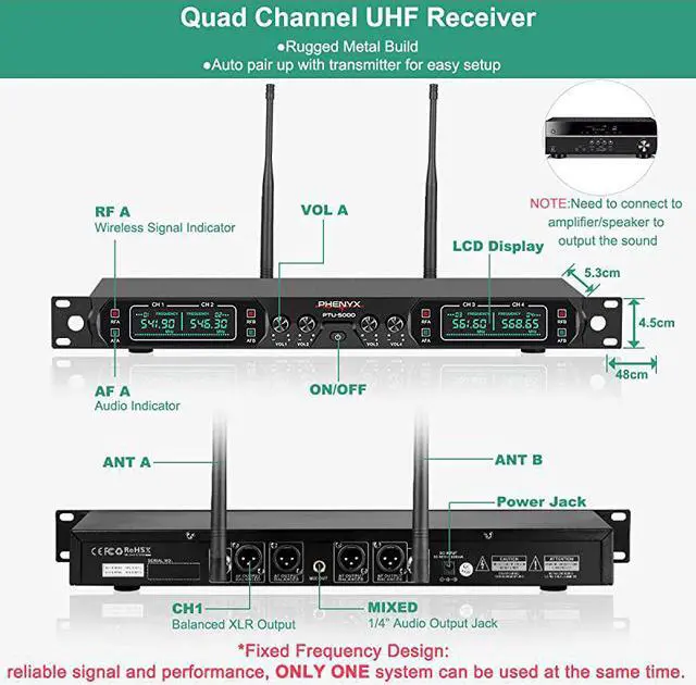 Alt view image 2 of 6 - Wireless Microphone System  4Channel UHF Cordless Mic Set With Four Handheld Mics All Metal Build Fixed Frequency Long Range 260ft Ideal for ChurchKaraokeWeddings Events PTU5000A