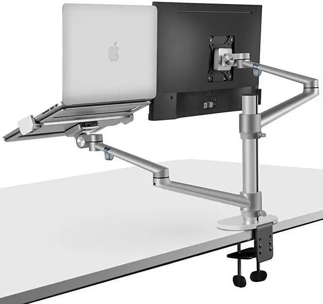 Main image of Monitor and Laptop Mount 2in1 Adjustable Dual Arm Desk Mounts Single Desk Arm StandHolder for 17 to 32 Inch LCD Computer Screens Extra Tray Fits 12 to 17 inch Laptops Silver