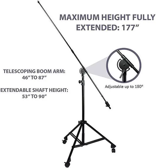 Alt view image 2 of 7 - Professional Microphone Stand Heavy Duty 90 Studio Overhead Boom Stand with Rolling Caster Wheels 87 Extra Long Telescoping Arm Mount Foldable Tripod Legs amp Adjustable Counterweight