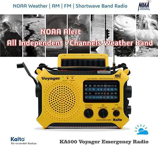 Alt view image 3 of 7 - KA500 5way Powered Solar PowerDynamo Crank Wind Up Emergency AMFMSWNOAA Weather Alert Radio with FlashlightReading Lamp and Cellphone Charger Yellow